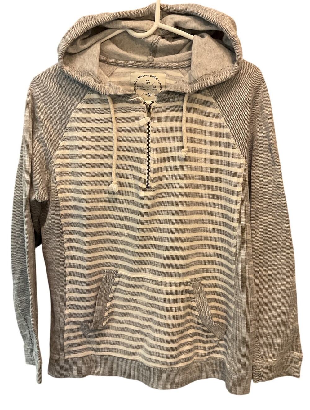 Native Code Hoodie Sweatshirt Unisex Medium Gray White Striped Quarter Zip